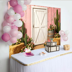 Lofaris Pink Rustic Western Photography Backdrop with Cacti and White Barn Door, Desert Themed Studio Background for Photoshoot