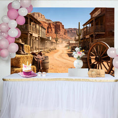Lofaris Rustic Western Town Photography Backdrop with Saloon and Desert Mountains, Vintage Cowboy Photo Background for Studio