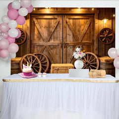 Lofaris Rustic Barn Photography Backdrop with Wagon Wheels and Hay Bales, Warm Wooden Background for Studio Photoshoot