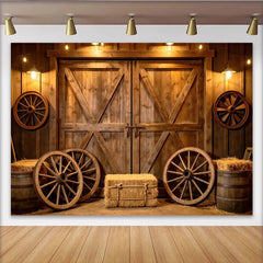 Lofaris Rustic Barn Photography Backdrop with Wagon Wheels and Hay Bales, Warm Wooden Background for Studio Photoshoot