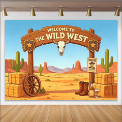 Lofaris Cartoon Wild West Photography Backdrop with Desert Landscape, Cowboy Boots and Hay Bales for Studio Background