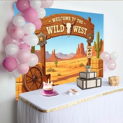 Lofaris Cartoon Wild West Photography Backdrop with Desert Cacti and Cowboy Elements, Rustic Photo Background for Party Decor and Photoshoot