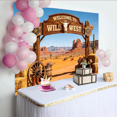Lofaris Wild West Photography Backdrop with Wooden Arch, Desert Landscape and Cowboy Props, Rustic Studio Background for Party Decor