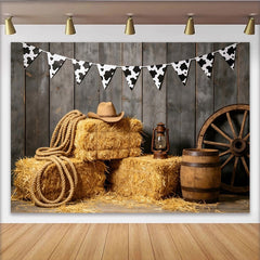 Lofaris Rustic Western Photography Backdrop with Hay Bales and Cowboy Hat, Vintage Farm Ranch Photo Booth Background for Studio Shoot