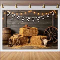 Lofaris Rustic Western Photography Backdrop with Cow Print Bunting and Hay Bales, Dark Wood Wall Background for Cowboy Party Photoshoot