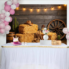 Lofaris Rustic Western Photography Backdrop with Hay Bales and Wagon Wheel, Country Theme Studio Background for Photoshoot