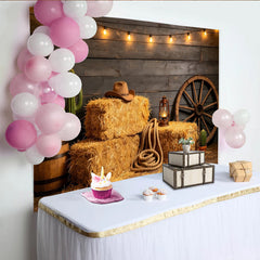 Lofaris Rustic Western Photography Backdrop with Hay Bales and Wagon Wheel, Country Theme Studio Background for Photoshoot