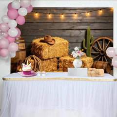 Lofaris Rustic Western Photography Backdrop with Hay Bales and Cowboy Hat, Dark Wood Wall Background for Farmhouse Studio Photoshoot