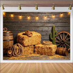 Lofaris Rustic Western Photography Backdrop with Hay Bales and Cowboy Hat, Dark Wood Wall Background for Farmhouse Studio Photoshoot