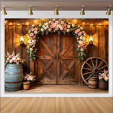 Lofaris Rustic Wooden Barn Door Wedding Backdrop with Floral Arch, Elegant Photography Background for Bridal Shower or Party Decor