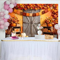 Lofaris Rustic Autumn Harvest Holiday Backdrop with Wooden Barn Door, Vibrant Fall Leaves Photography Background for Thanksgiving