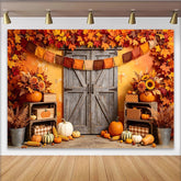 Lofaris Rustic Autumn Harvest Holiday Backdrop with Wooden Barn Door, Vibrant Fall Leaves Photography Background for Thanksgiving