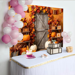 Lofaris Rustic Wooden Door Autumn Backdrop with Pumpkins and Fall Leaves, Vibrant Sunflower Corn Harvest Photography Background