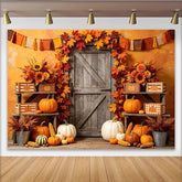 Lofaris Rustic Wooden Door Autumn Backdrop with Pumpkins and Fall Leaves, Vibrant Sunflower Corn Harvest Photography Background