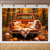 Lofaris Rustic Orange Pickup Truck Autumn Photography Backdrop with Pumpkins and Fall Leaves, Harvest Season Studio Background.