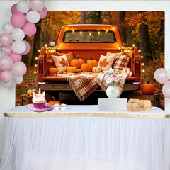 Lofaris Autumn Orange Truck Backdrop with Pumpkins and Fall Leaves, Warm Harvest Background for Thanksgiving Party Decor