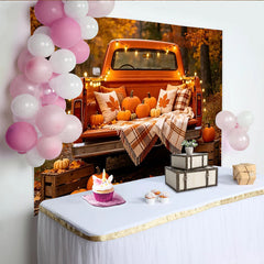 Lofaris Autumn Orange Truck Backdrop with Pumpkins and Fall Leaves, Warm Harvest Background for Thanksgiving Party Decor