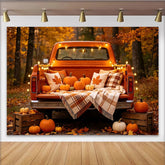 Lofaris Autumn Orange Truck Backdrop with Pumpkins and Fall Leaves, Warm Harvest Background for Thanksgiving Party Decor