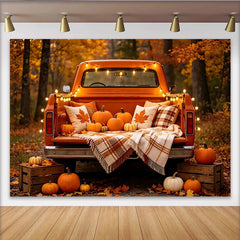 Lofaris Autumn Orange Truck Backdrop with Pumpkins and Fall Leaves, Warm Harvest Background for Thanksgiving Party Decor