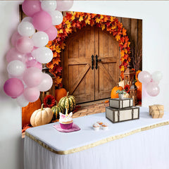 Lofaris Rustic Wooden Door Autumn Holiday Backdrop with Maple Leaves and Pumpkins, Cozy Fall Harvest for Party Decor and Photo