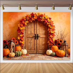 Lofaris Autumn Fall Holiday Backdrop with Rustic Door, Pumpkins and Maple Leaves, Warm Harvest Festival Photography Background for Thanksgiving