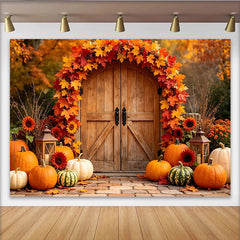 Lofaris Autumn Wooden Door Holiday Backdrop with Vibrant Fall Leaves, Harvest Festival Photography Background for Thanksgiving Party