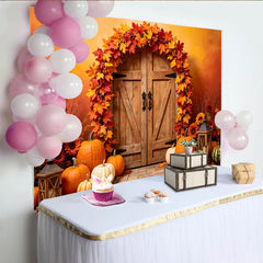 Lofaris Rustic Wooden Door Autumn Backdrop with Maple Leaves and Pumpkins, Warm Fall Harvest Photography Background for Thanksgiving Decor