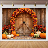 Lofaris Rustic Wooden Barn Door Thanksgiving Backdrop with Autumn Leaves and Pumpkins, Harvest Fall for Seasonal Photoshoot