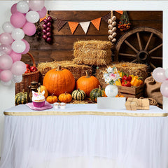 Lofaris Rustic Autumn Harvest Photography Backdrop with Pumpkins and Hay, Wooden Farmhouse Background for Fall Festival Decor