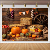 Lofaris Rustic Autumn Harvest Photography Backdrop with Pumpkins and Hay, Wooden Farmhouse Background for Fall Festival Decor