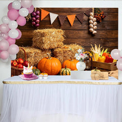 Lofaris Rustic Autumn Harvest Backdrop with Pumpkins, Hay Bales and Sunflowers, Fall Festival for Thanksgiving Party Decor