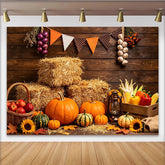 Lofaris Rustic Autumn Harvest Backdrop with Pumpkins, Hay Bales and Sunflowers, Fall Festival for Thanksgiving Party Decor