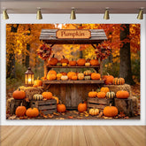 Lofaris Vibrant Autumn Pumpkin Backdrop with Wooden Stand, Hay Bales and Fall Leaves, Thanksgiving Harvest Photography Background