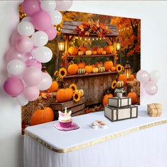 Lofaris Rustic Autumn Harvest Backdrop with Pumpkins and Sunflowers, Cozy Fall Photography Background for Thanksgiving Decor