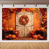 Lofaris Rustic Wooden Barn Door Autumn Backdrop with Pumpkins and Fall Leaves, Vibrant Harvest Season Thanksgiving Party Decor