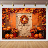 Lofaris Rustic Autumn Harvest Backdrop with Wooden Door, Pumpkins and Fall Leaves, Elegant Photography Background for Thanksgiving Party Decor