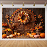 Lofaris Rustic Wooden Barn Door Autumn Harvest Holiday Backdrop with Pumpkins and Fall Leaves, Seasonal Photography Background for Thanksgiving