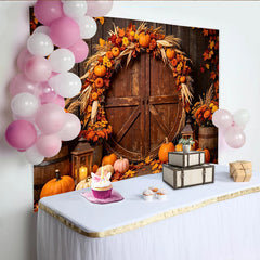 Lofaris Rustic Barn Door Autumn Harvest Holiday Backdrop with Pumpkins and Fall Leaves, Warm Fall Festival Thanksgiving Decor