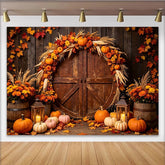 Lofaris Rustic Barn Door Autumn Harvest Holiday Backdrop with Pumpkins and Fall Leaves, Warm Fall Festival Thanksgiving Decor