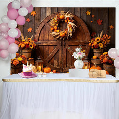 Lofaris Rustic Autumn Harvest Holiday Backdrop with Wooden Barn Door, Pumpkins, and Fall Leaves, Seasonal Party Decor