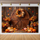 Lofaris Rustic Autumn Harvest Holiday Backdrop with Wooden Barn Door, Pumpkins, and Fall Leaves, Seasonal Party Decor