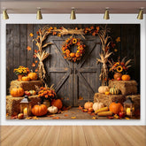 Lofaris Rustic Autumn Harvest Barn Door Backdrop with Pumpkins and Hay Bales, Fall Festival Photography Background for Thanksgiving Decor