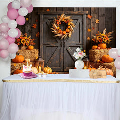 Lofaris Rustic Autumn Harvest Backdrop with Pumpkins, Sunflowers and Barn Door, Fall Photography Background for Thanksgiving Party Decor