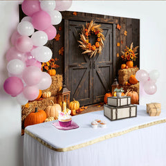 Lofaris Rustic Autumn Harvest Backdrop with Pumpkins, Sunflowers and Barn Door, Fall Photography Background for Thanksgiving Party Decor