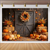 Lofaris Rustic Autumn Harvest Backdrop with Pumpkins, Sunflowers and Barn Door, Fall Photography Background for Thanksgiving Party Decor