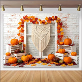 Lofaris Autumn Harvest Photography Backdrop with Pumpkins and Maple Leaves, Rustic White Brick Wall Background for Fall Party Decor