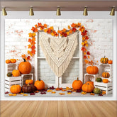 Lofaris White Brick Wall Autumn Photography Backdrop with Pumpkins and Macrame, Fall Leaves Garland, Rustic Studio Background for Photoshoot