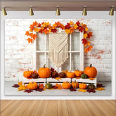 Lofaris Autumn Thanksgiving Backdrop with White Brick Wall and Pumpkins, Fall Harvest Photography Background for Seasonal Decor