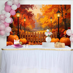 Lofaris Vibrant Autumn Forest Backdrop with Pumpkins and Street Lamps, Rustic Wooden Fence Background for Fall Harvest Party
