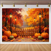 Lofaris Vibrant Autumn Forest Backdrop with Pumpkins and Street Lamps, Rustic Wooden Fence Background for Fall Harvest Party
